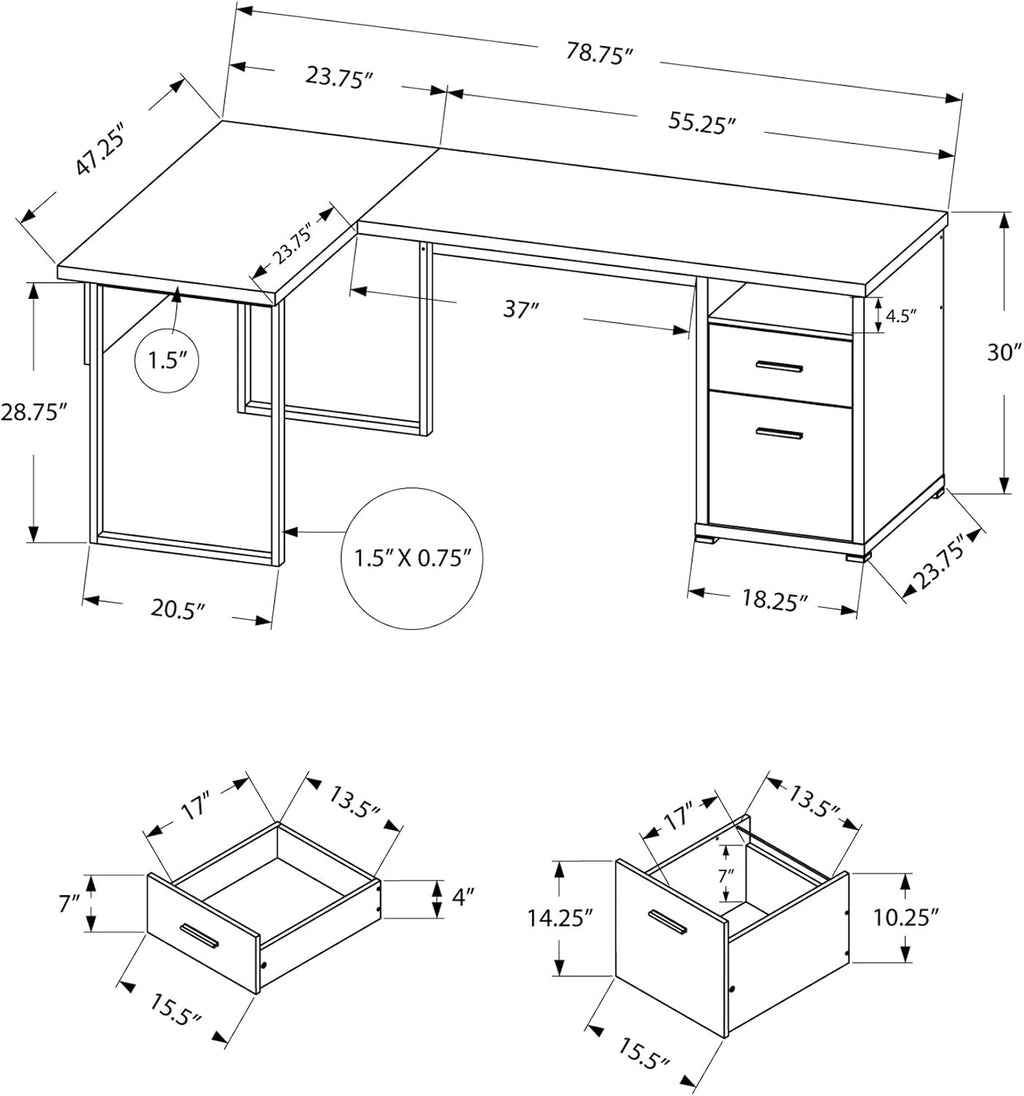 Monarch Specialties I 7257 Computer Desk, Home Office, Corner, Left, Right Set-up, Storage Drawers, 80'L, L Shape, Work, Laptop, Metal, Laminate, Grey