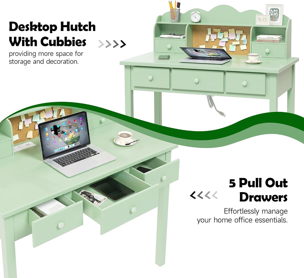 FUNKOCO Home Office Furniture Writing Desk, 36 Inch Computer Work Station with Detachable Hutch for Small Place, 5 Drawers(Candy Green)
