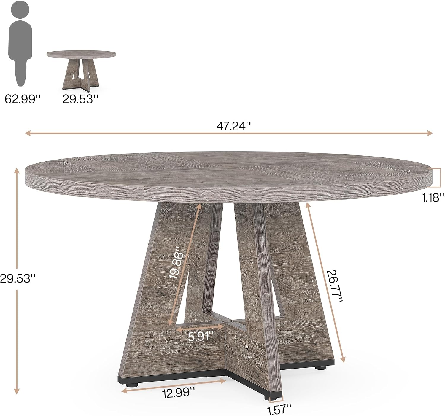 Tribesigns Farmhouse Dining Table, 47 Inch Round Dinner Table for 4 (Grey)