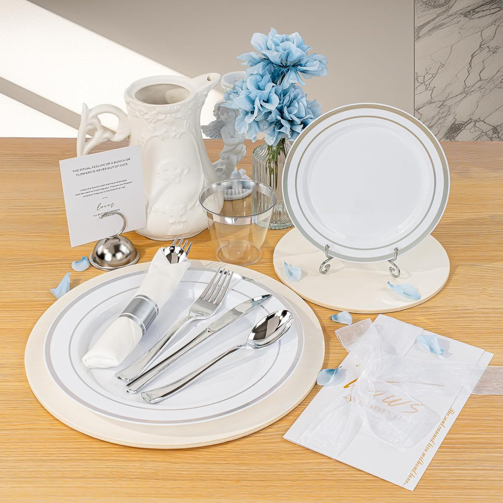 BESTVIP 700PCS Silver Plastic Dinnerware Set for 100 Guests, Disposable Plates for Party, Include: 200 Plastic Plates, 100 Pre Rolled Napkins with Silver Silverware, 100 Cups for Christmas, Halloween