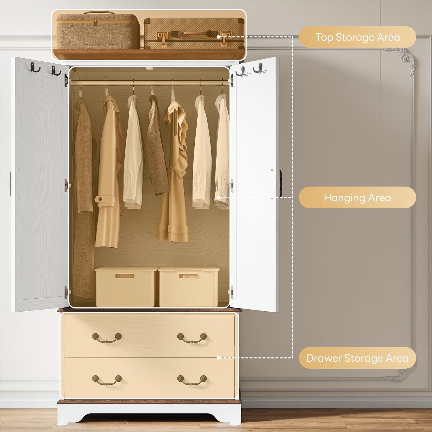 LIKIMIO Armoire Wardrobe Closet with Mirror, 70.1' Wooden Clothing Storage Cabinet with 2 Doors & 2 Drawers, Modern Bedroom Freestanding Wardrobe Combination with Hanging Rod, Cherry with White