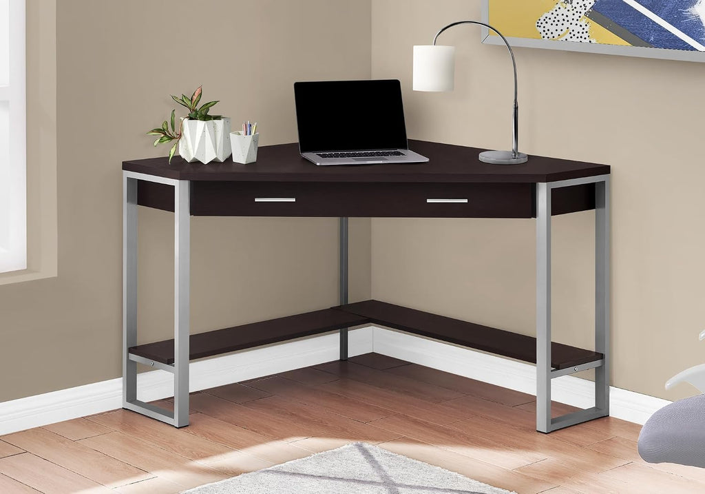 Pemberly Row Corner Computer Desk, 42' L, Particle Board and Metal, Cappuccino and Silver Finish, 1 Drawer with Shelf, Traditional Style for Home Office or Apartment Workspace