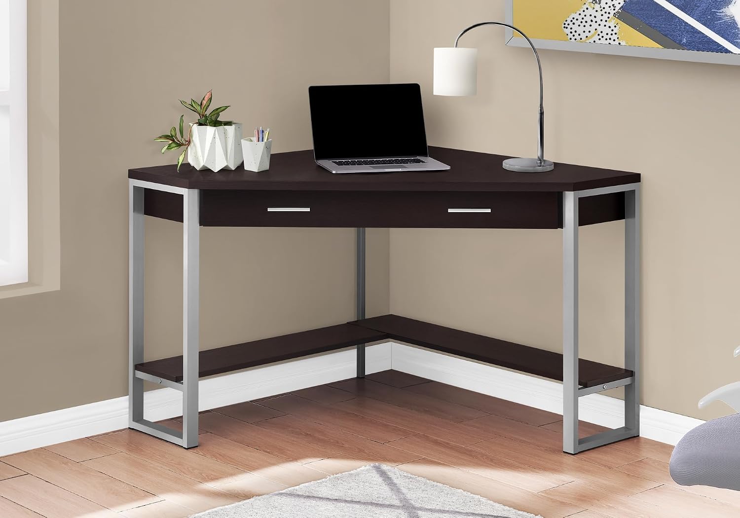 Pemberly Row Corner Computer Desk, 42' L, Particle Board and Metal, Cappuccino and Silver Finish, 1 Drawer with Shelf, Traditional Style for Home Office or Apartment Workspace