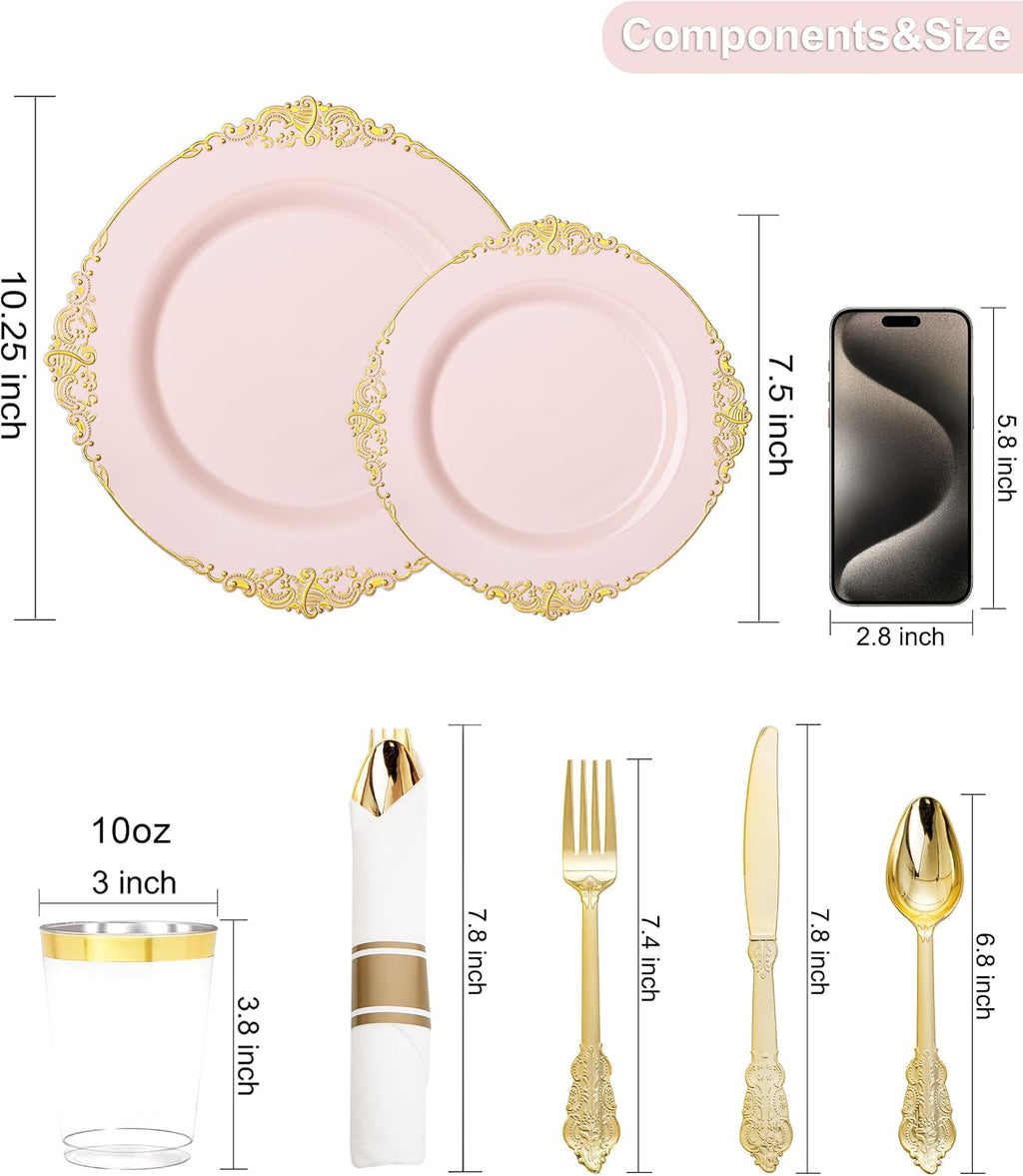 Nervure 700PCS Pink Gold Plastic Plates - Pink Plastic Dinnerware Sets for 100 Guests - 200 Disposable Plates, 300 Silverware, 100 Cups, 100 Napkins for Wedding, Party