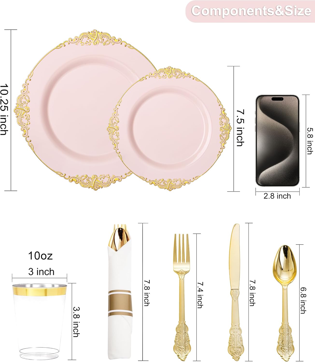 Nervure 700PCS Pink Gold Plastic Plates - Pink Plastic Dinnerware Sets for 100 Guests - 200 Disposable Plates, 300 Silverware, 100 Cups, 100 Napkins for Wedding, Party