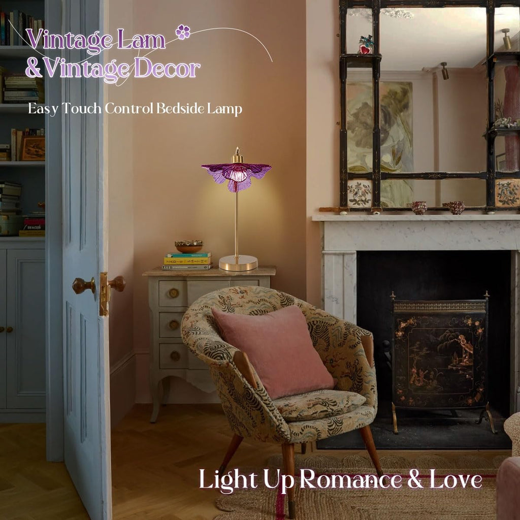 Touch Control Table Lamp, Mid Century Modern Gold Nightstand Lamp, 18.9-inch Vintage Purple Glass Table Light for Bedroom, Living Room, Farmhouse End Table, Set of 2