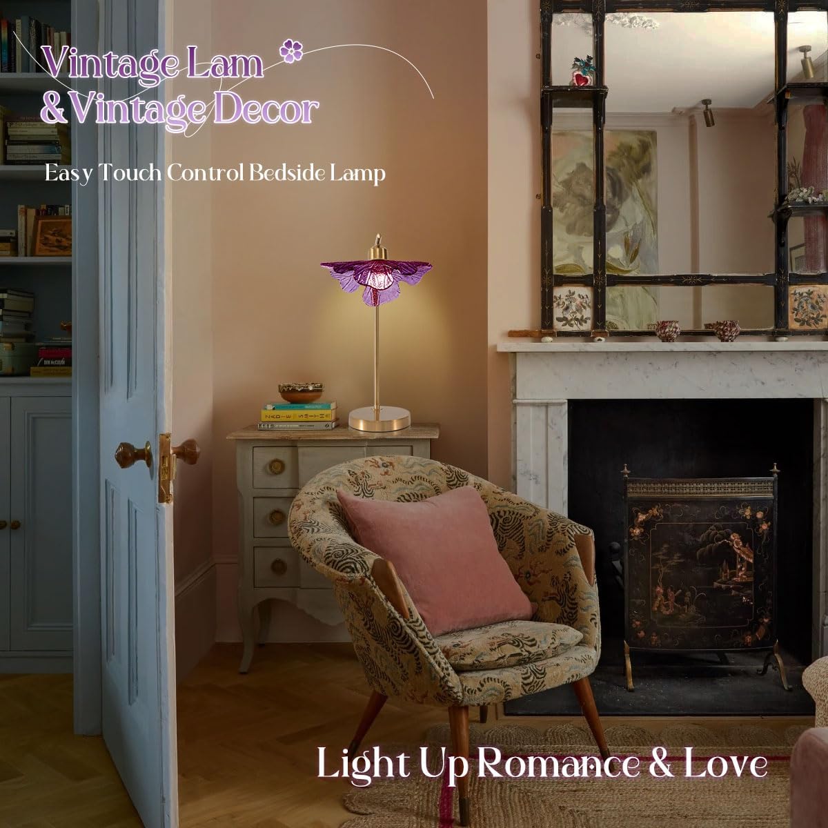 Touch Control Table Lamp, Mid Century Modern Gold Nightstand Lamp, 18.9-inch Vintage Purple Glass Table Light for Bedroom, Living Room, Farmhouse End Table, Set of 2