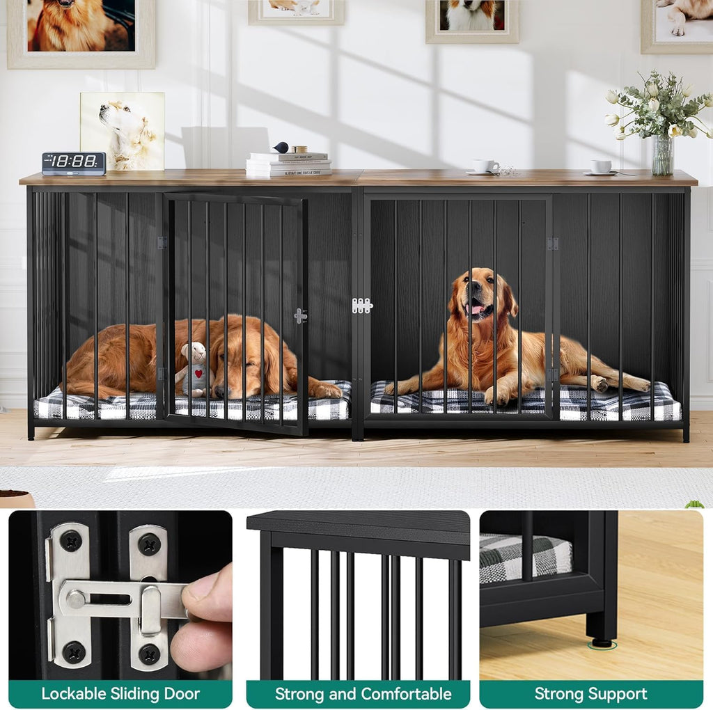 YITAHOME Double Dog Crate Furniture, 80.2 inch Large Breed Dog Kennel with Divider, Heavy Duty Dog House TV Stand Indoor for 2 Medium Dogs, Black