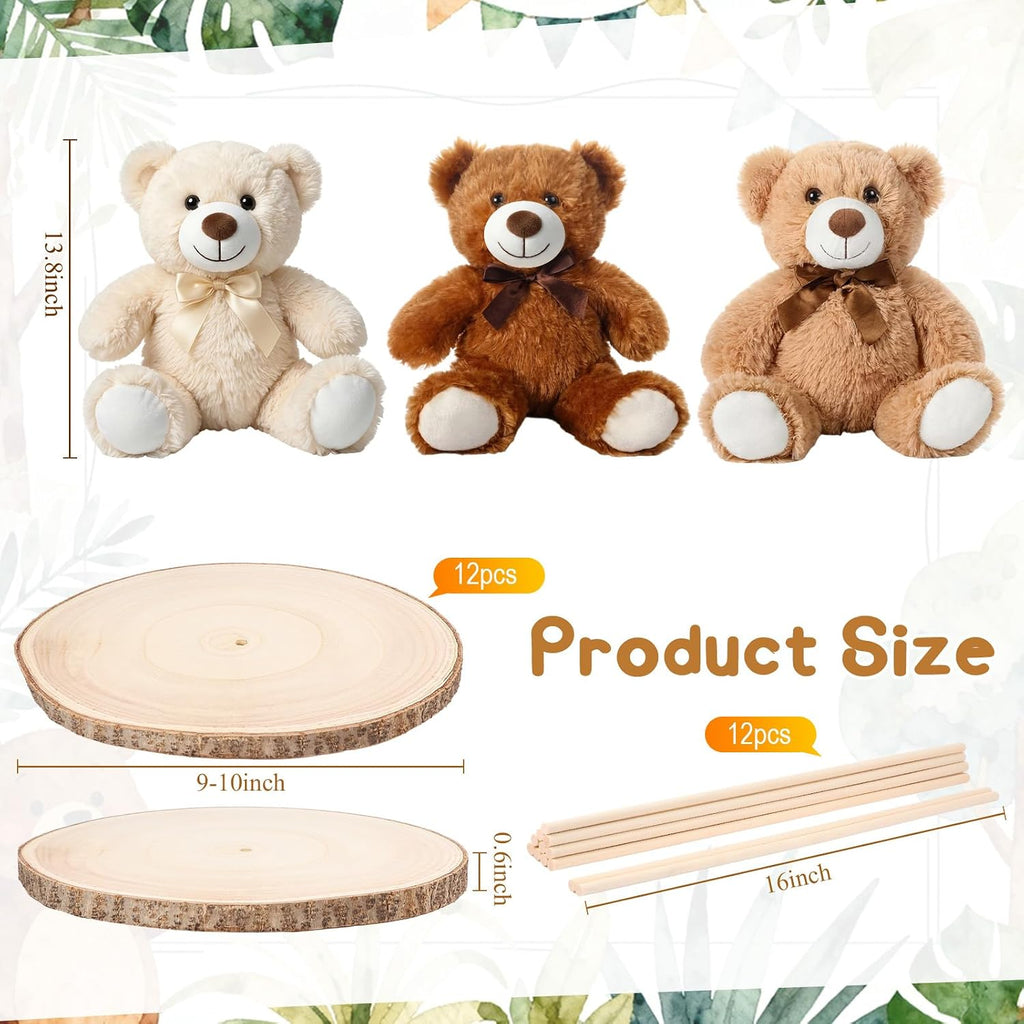 Canlierr 12 Set Bear Centerpieces for Baby Shower Decor Includes Wooden 23-26in Bear Rounds Circles Slices with Stick DIY Craft Birthday Wedding Gender Party Table Decorations, 3 Colors