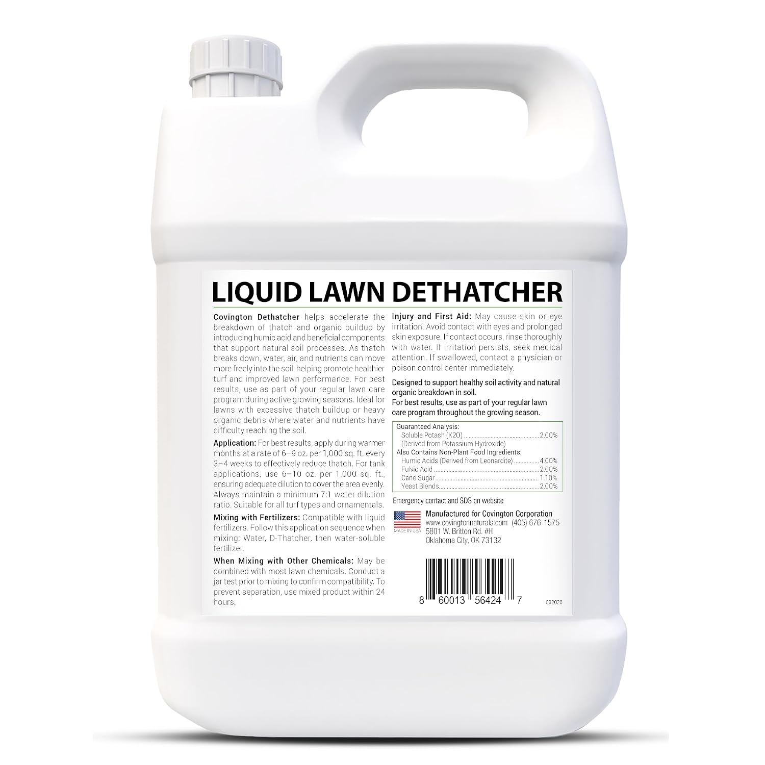 Covington Liquid Lawn Dethatcher (2.5 Gal) – Liquid Aerator Concentrate & Humic Thatch Remover, Soil Softener & Grass Thatch Buster for Lawns & Gardens – Kids & Pet Safe, Made in USA