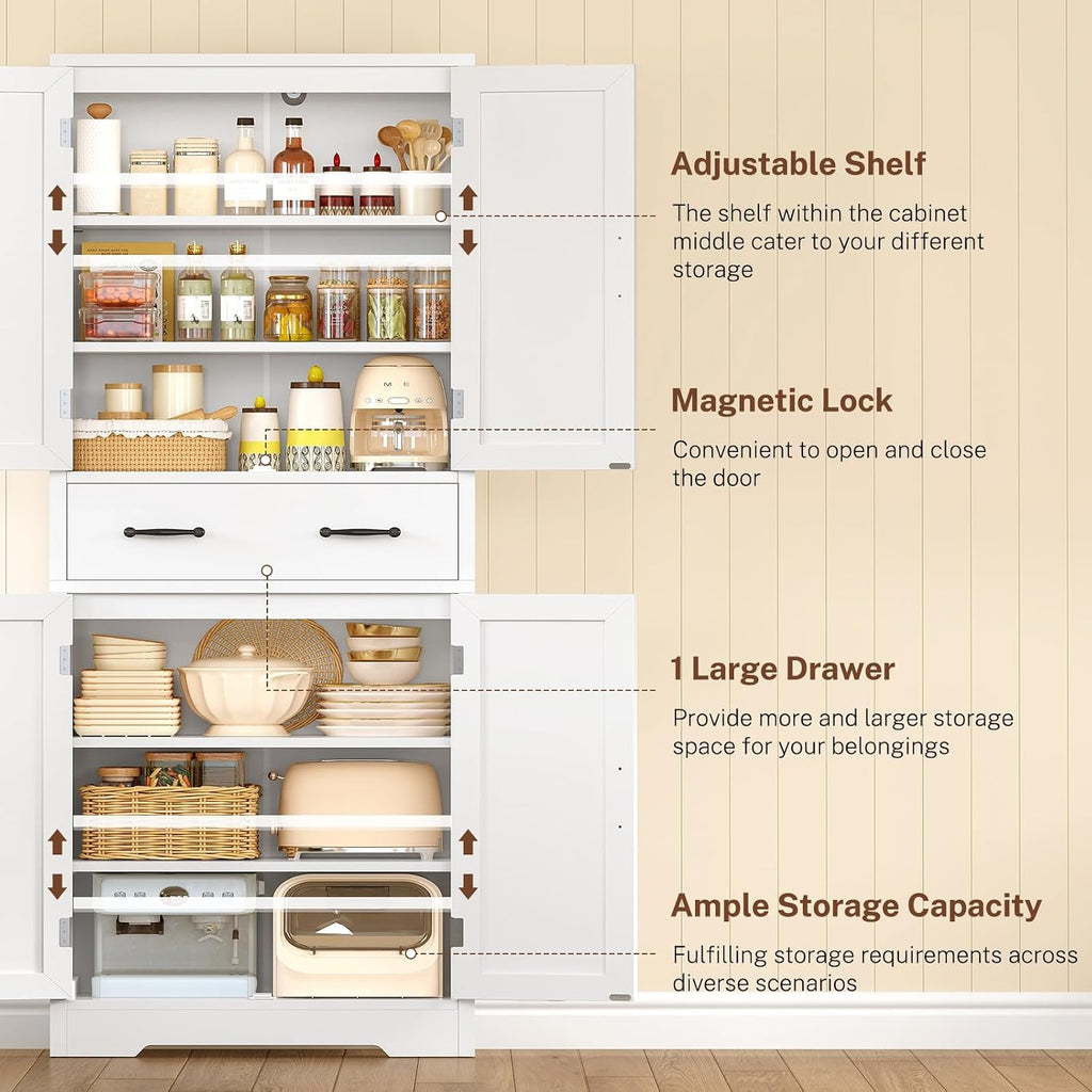 TEENFON Tall Storage Cabinet with 2 Adjustable Shelves & 1 Large Drawer, Kitchen Pantry Cabinet with 4 Doors, Bathroom Storage Cabinets, for Living Room, Kitchen, Bathroom, White