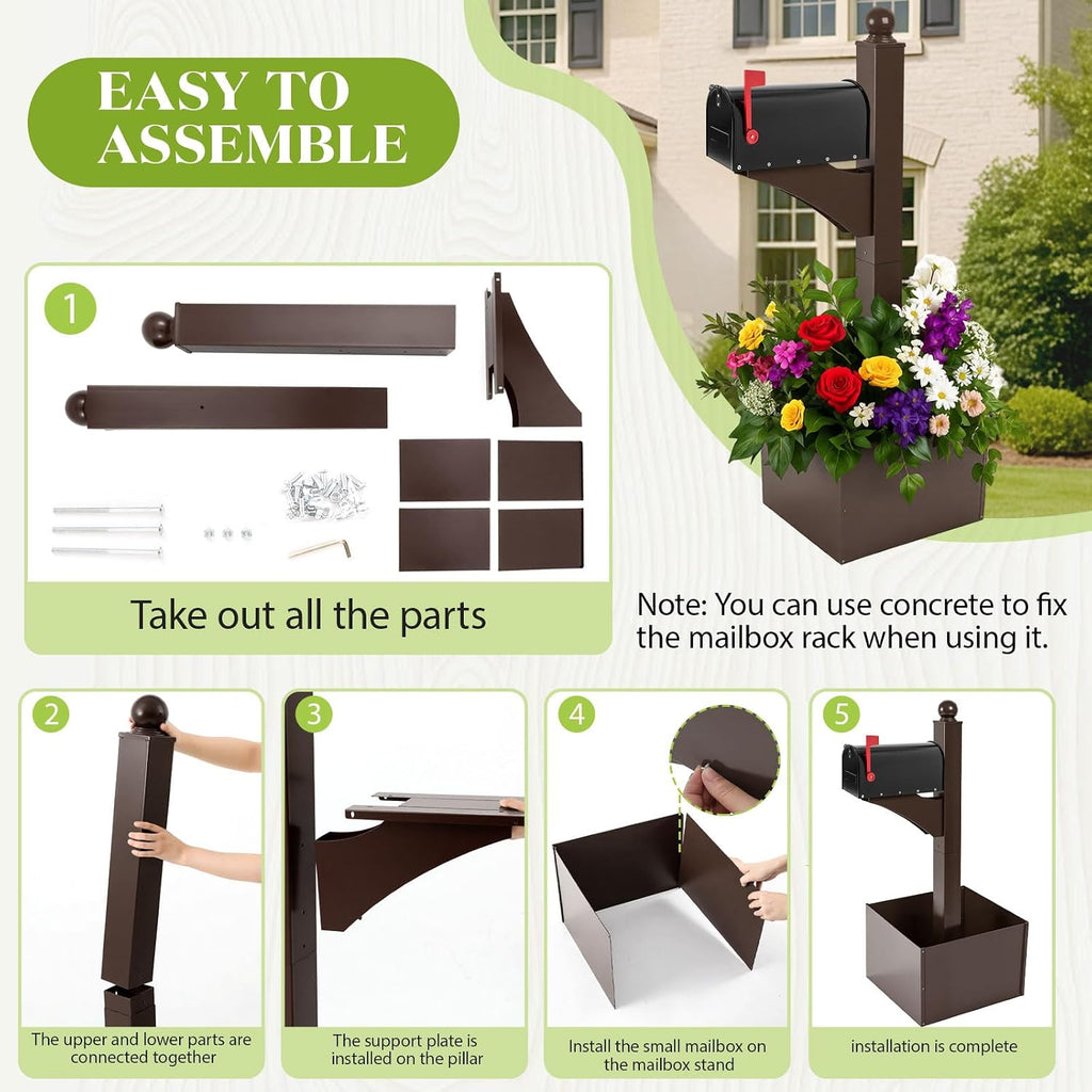 Colingmill Brown and Black Iron Mailbox Posts with Mailbox and Planter Box for Outside Decorative Ground Mounting Post 56 Inch / 4.6 ft Tall Heavy Duty Stand for Outdoor Use