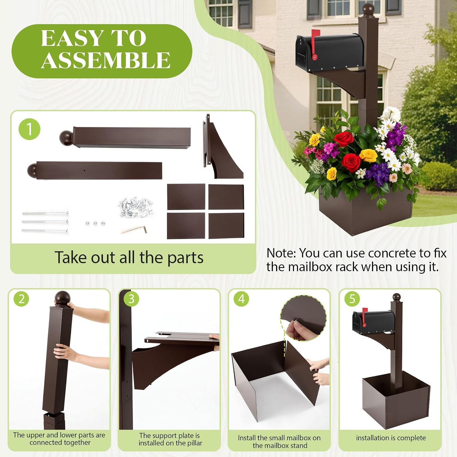 Colingmill Brown and Black Iron Mailbox Posts with Mailbox and Planter Box for Outside Decorative Ground Mounting Post 56 Inch / 4.6 ft Tall Heavy Duty Stand for Outdoor Use