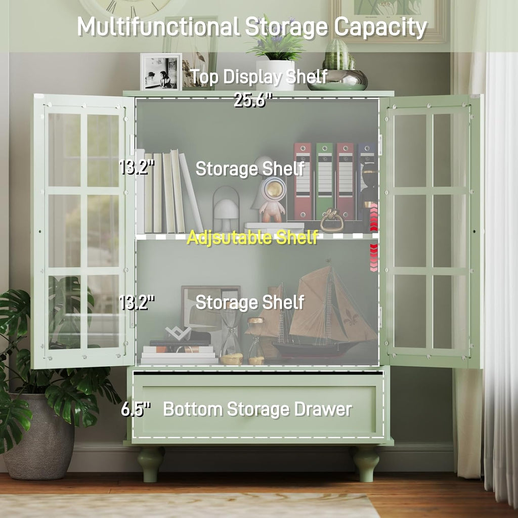 QMIT Display Cabinet with Glass Doors,Buffet Cabinet with Doors and Shelves,Small Green Wooden Storage Sideboard Cupboard for Living Room, Dining Room Hallway Entryway