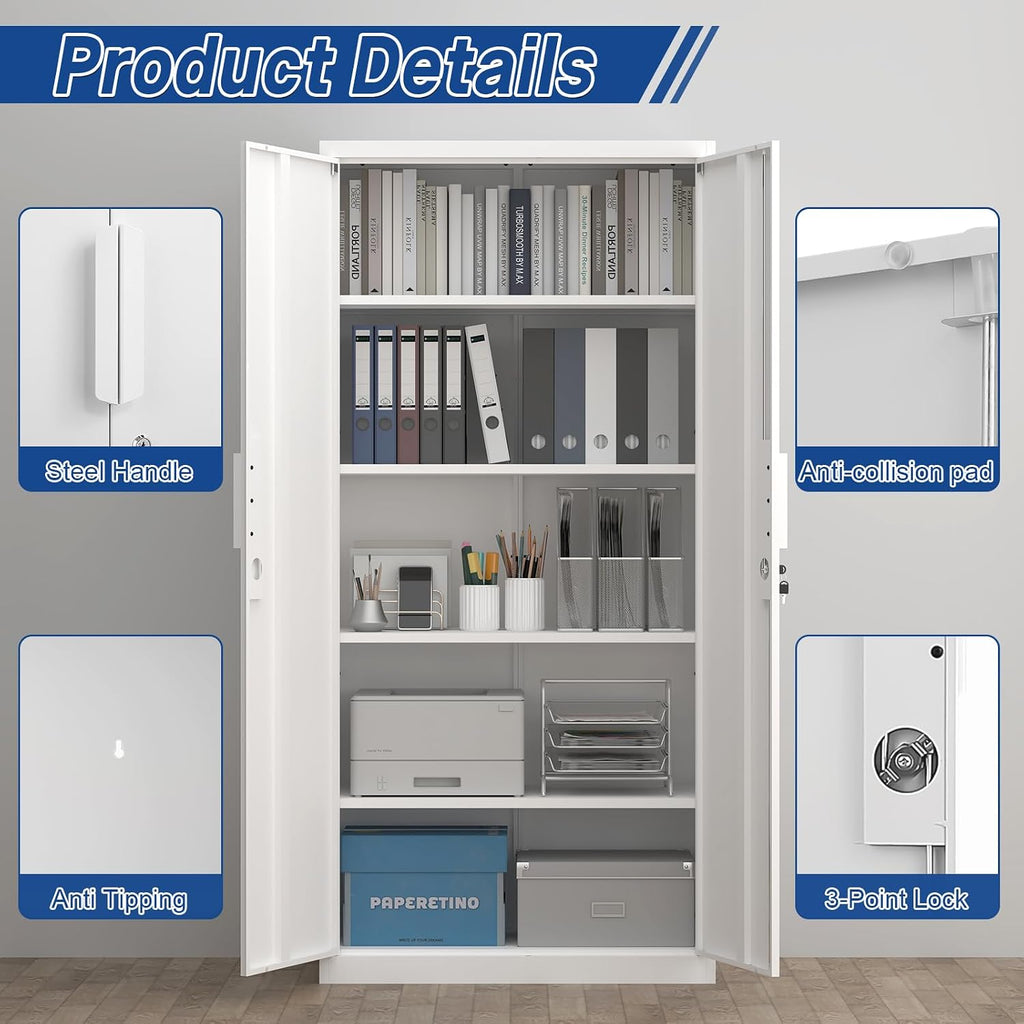 72' H Metal Garage Storage Cabinet with 2 Doors and 4 Shelves, White Steel Locking File Cabinet, Metal Storage Cabinets for Office, Home, Garage, Gym, School