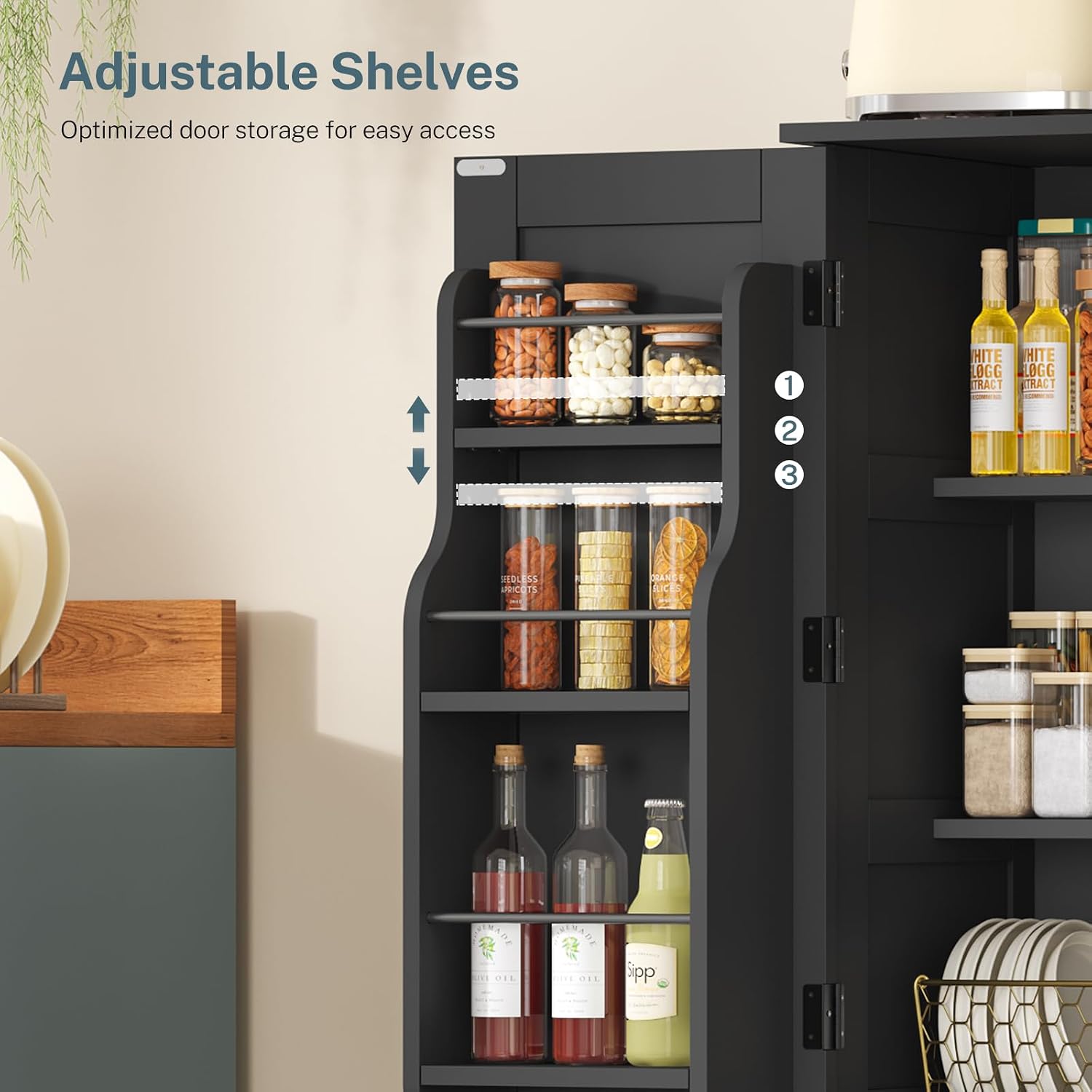TEENFON Storage Cabinet with 4 Doors, Kitchen Cabinet with 6 Door Shelves, Kitchen Pantry for Living Room, Dining Room, Bathroom, Black