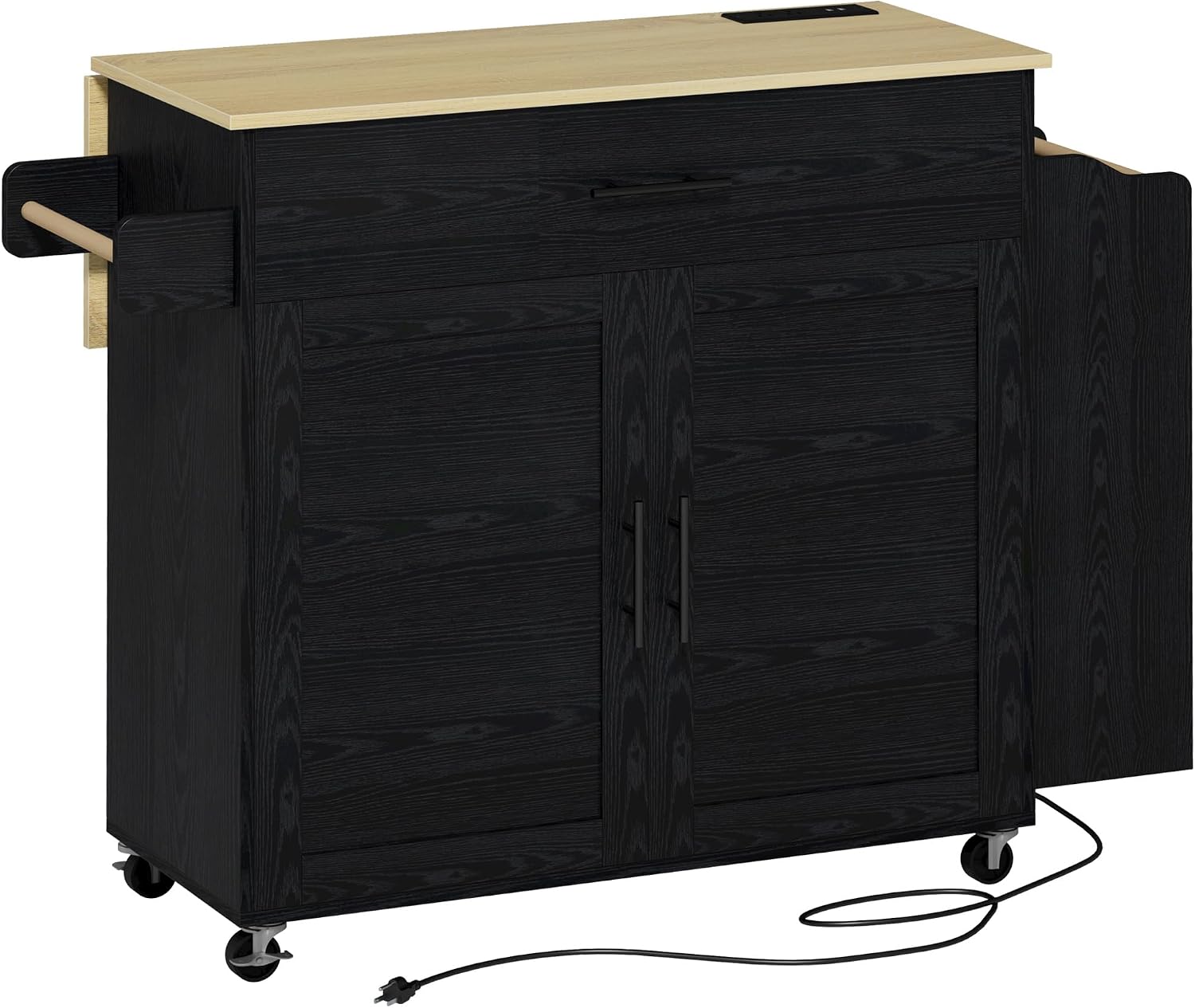 IRONCK Kitchen Island with Storage, Rolling Kitchen Island on Wheels with Drop Leaf, Charging Station, 3 Open Spice Rack, Cabinet, Drawer, Kitchen Cart Island Table for Kitchen, Black