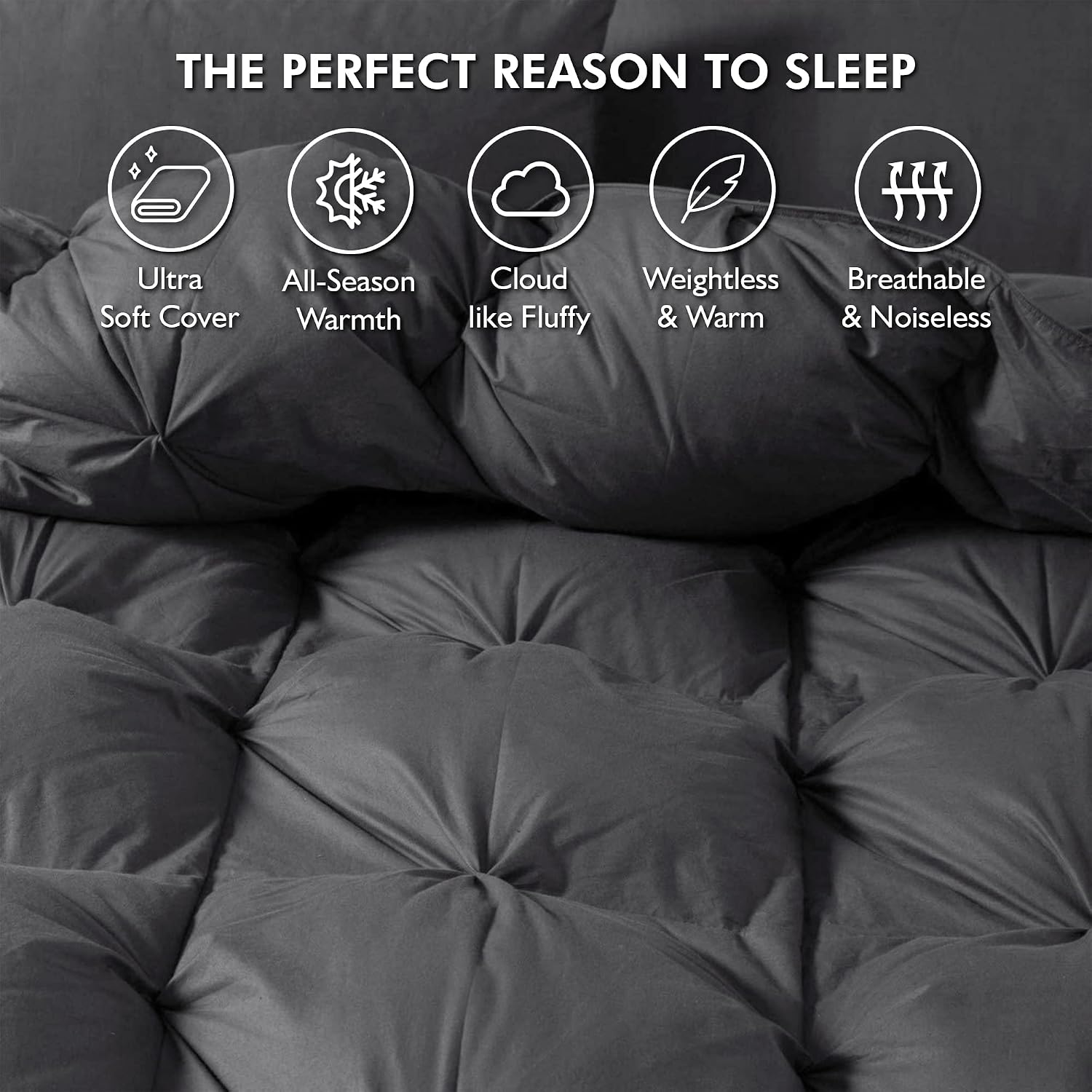 Luxurious Queen Size Goose Down Feather Fiber Comforter Duvet Insert, 100% Egyptian Cotton Cover, 60 oz. Fill Weight Comforter (Queen, Gray Pinch Pleat)