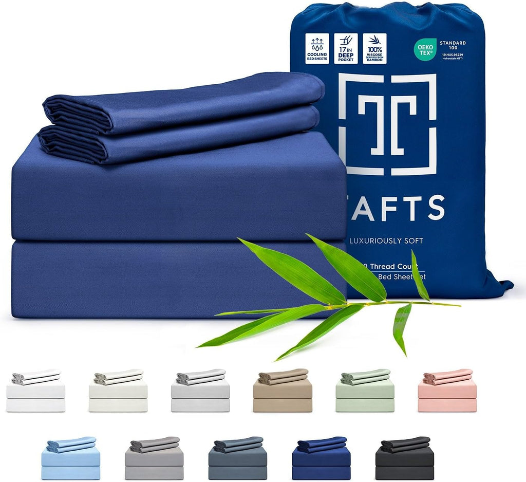 Bamboo Sheets Queen Size, 100% Pure Viscose derived from Bamboo Bed Sheets Set, Luxuriously Soft, Silky, Cooling Sheets, Double Stitched, Lifetime Promise by Tafts (Navy)