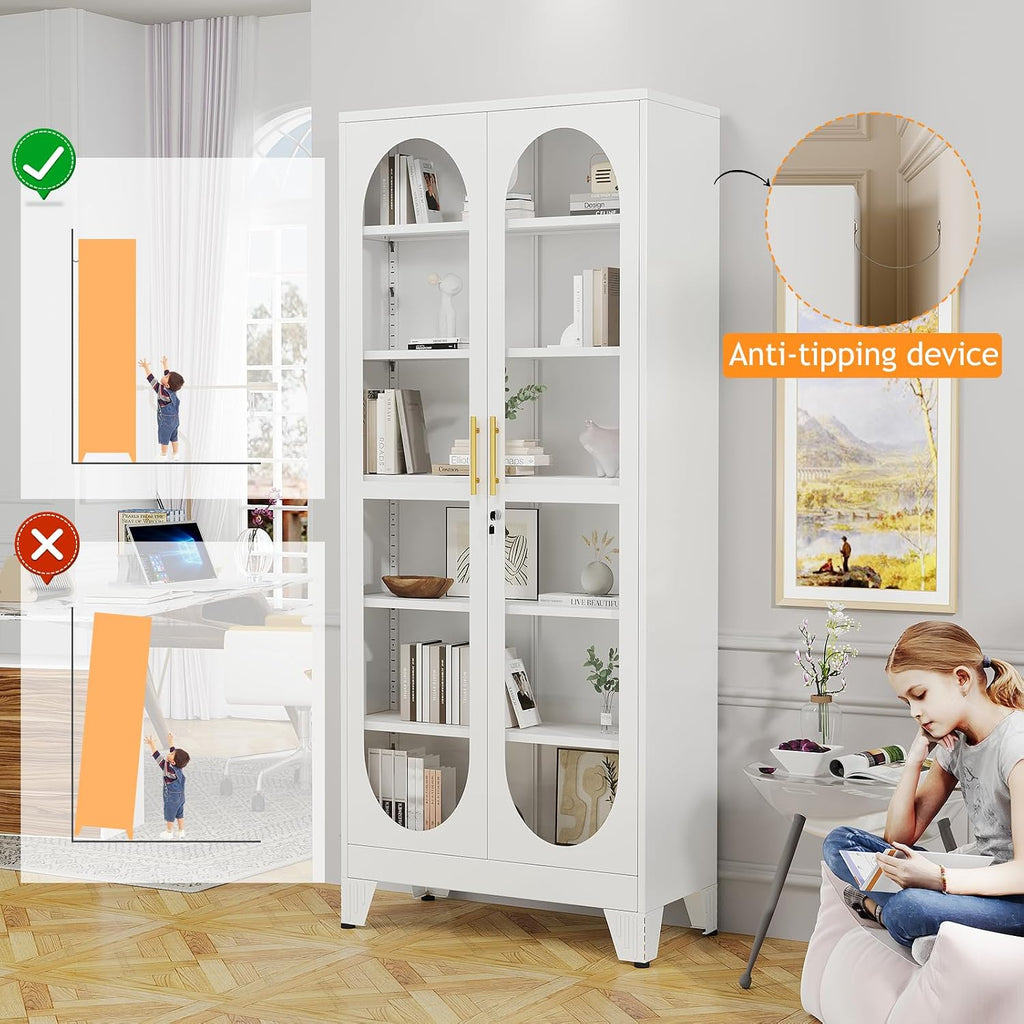 PAOFIN 75' H Locking Display Cabinet with Glass Door, Metal Cabinets with 5 Adjustable Shelves, Cabinet Display Case for Living Room, Collectibles, Clinic, Home - Assembly Required White