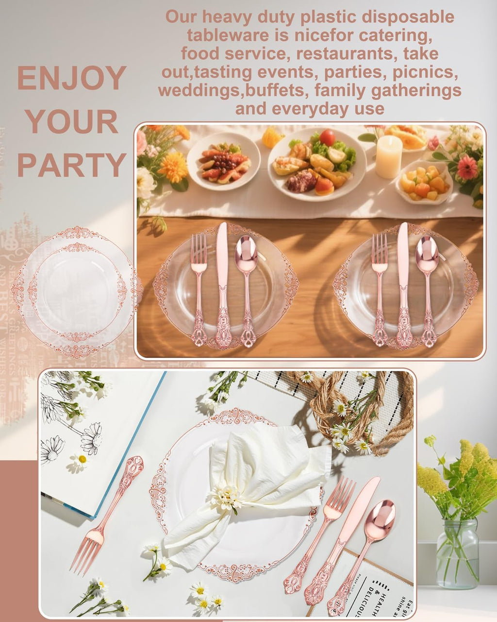 YOUBET 700PCS Rose Gold Plastic Plates - Clear Rose Gold Plastic Dinnerware Set Include 200 Disposable Plate, 300 Heavy Duty Silverware, 100 Cups, 100 Napkins for Wedding & Party & Baby Shower