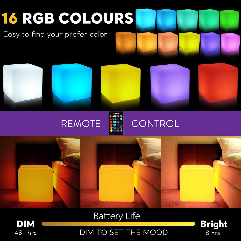 Mr.Go 20-inch LED Lighted Cube Table, Large LED Cube Chair Light, 16 RGB Colors Glowing Cube Seat w/Remote - Rechargeable - Waterproof - Home Outdoor Patio Pool Bar Stage Party Lighting Decoration
