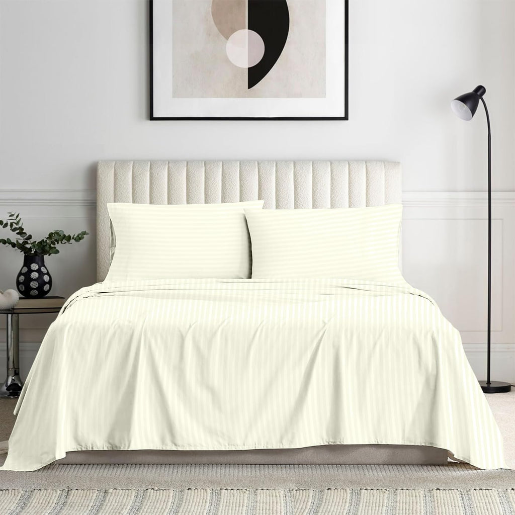 1000 Series- Extra Long Staple 100% Egyptian Cotton Sheet Set,Sateen Weave, Hotel Quality Soft Luxury Bedding, Queen Size 4 Piece Sheet Set Fit 15' Inch to 18' Deep Stripe Ivory