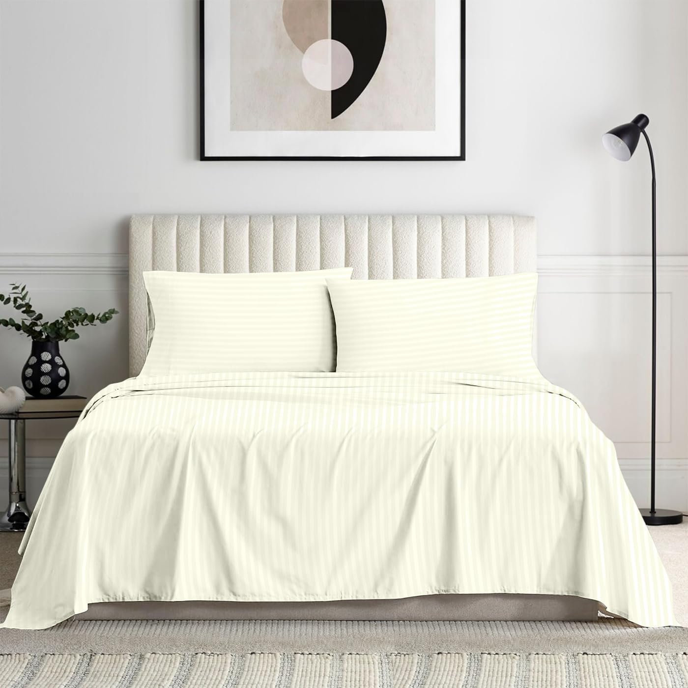 1000 Series- Extra Long Staple 100% Egyptian Cotton Sheet Set,Sateen Weave, Hotel Quality Soft Luxury Bedding, Queen Size 4 Piece Sheet Set Fit 15' Inch to 18' Deep Stripe Ivory