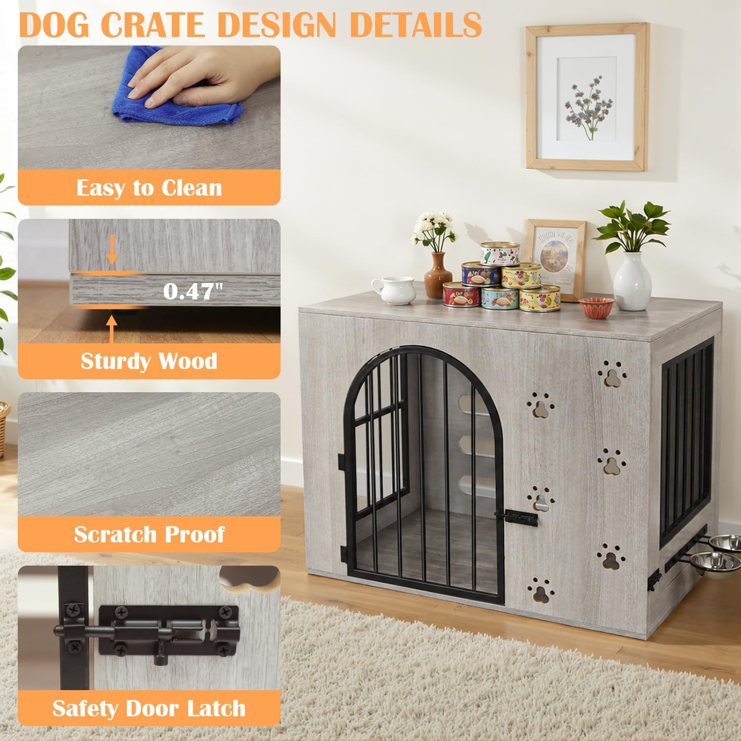 32' Dog Crate Furniture, Heavy Duty Wooden Chewproof Dog Kennel with Adjustable Bowls & Escape-Proof Lock, Decorative Pet Cage Dog House for Small Medium Dogs, Grey