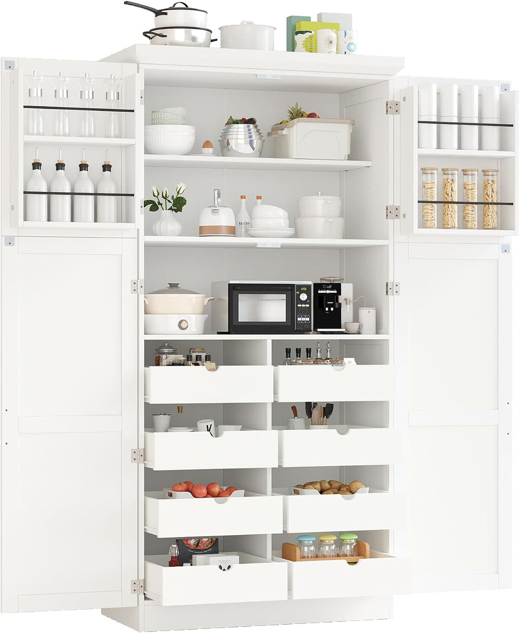 Merax 71' Tall Kitchen Pantry Cabinet with 4 Doors, 2 Door Shelves, 8 Pull-Out Trays and Adjustable Shelf, Freestanding Buffet Cabinet,White (35.5x17.6x70.9inch)