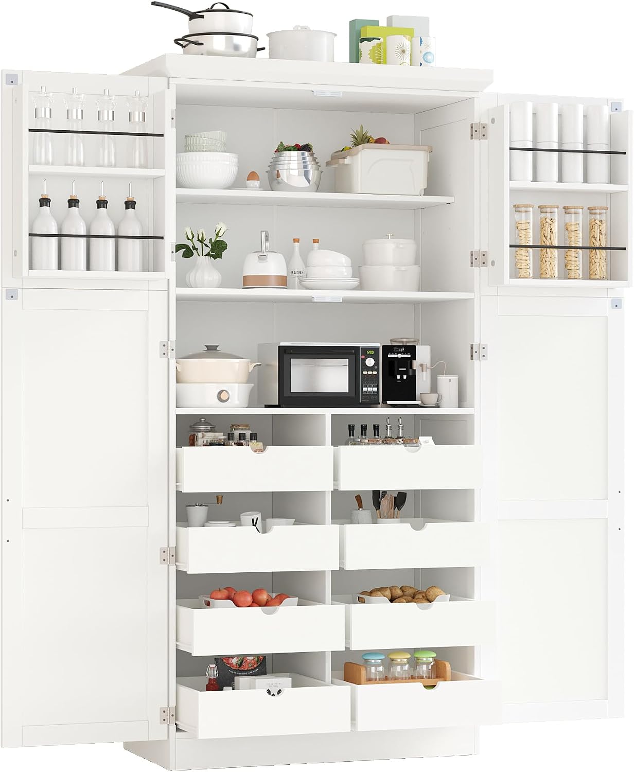 Merax 71' Tall Kitchen Pantry Cabinet with 4 Doors, 2 Door Shelves, 8 Pull-Out Trays and Adjustable Shelf, Freestanding Buffet Cabinet,White (35.5x17.6x70.9inch)