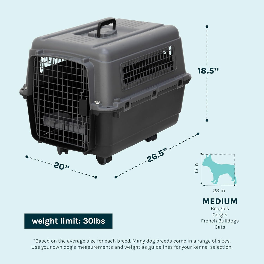 SportPet Airline Compliant MEDIUM 26.5' Travel Dog Kennel-Durable Plastic Airline Pet Carrier w/ Removable Wheels & Food Bowls, Collapsible Indoor/Outdoor Dog Kennel, Dogs up to 23'L & 15'H-Dark Gray