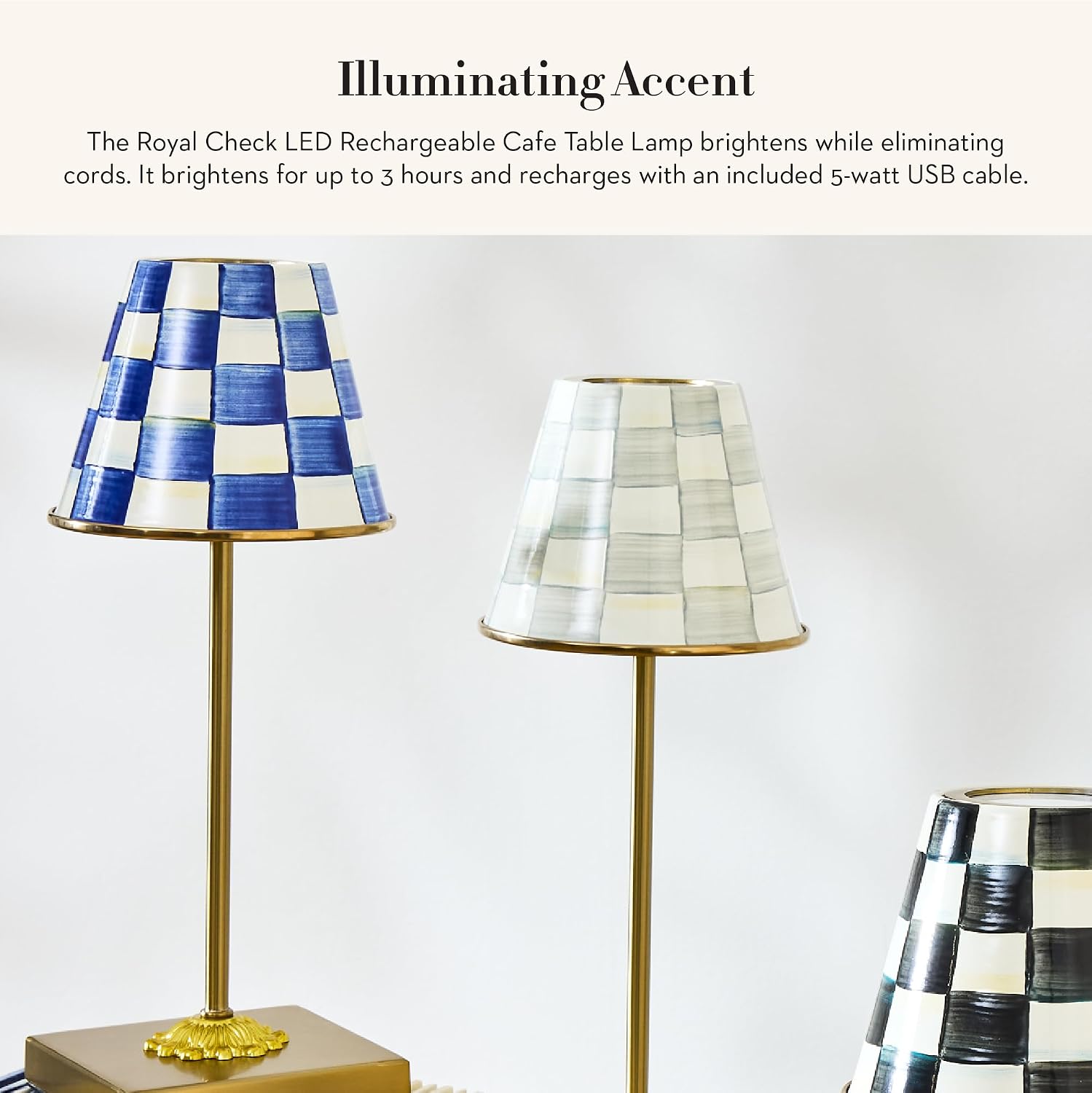 MACKENZIE-CHILDS LED Rechargeable Cafe Table Lamp, Cordless Decorative Lamp, Blue-and-White Royal Check