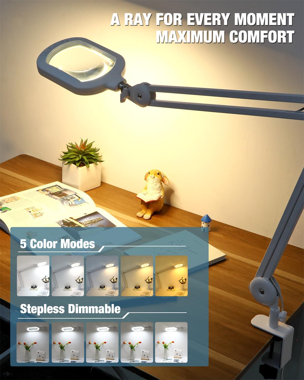 12X Magnifying Glass with Light and Stand, Large Rectangle Optical Glass Lens Floor lamp with 5 Wheels Rolling Base, 5 Color Modes LED Lighted Hands Free Magnifier for Reading Esthetician Facial Craft