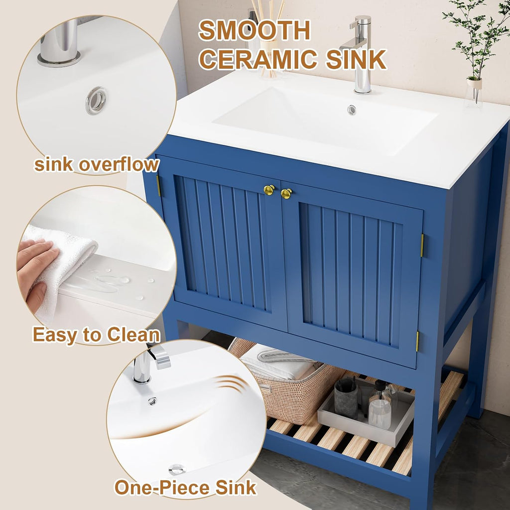 30 Inch Bathroom Vanity with Sink, Modern Bathroom Sink Cabinet with Open Shelf, Ceramic Basin, Freestanding Bathroom Vanities, Blue