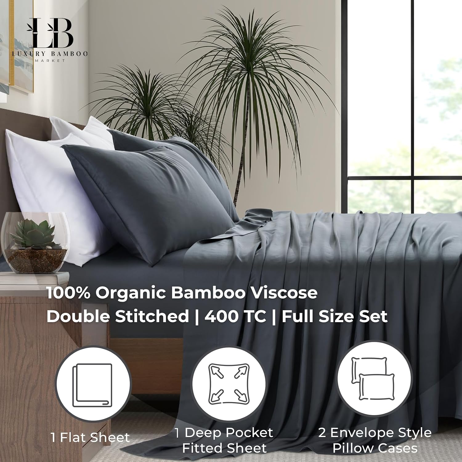 Full Size Sheet Set | 100% Viscose | Organically Grown | Ultra Soft | Cooling Sheets for Hot Sleepers | 17' Deep Pocket [Charcoal Grey]
