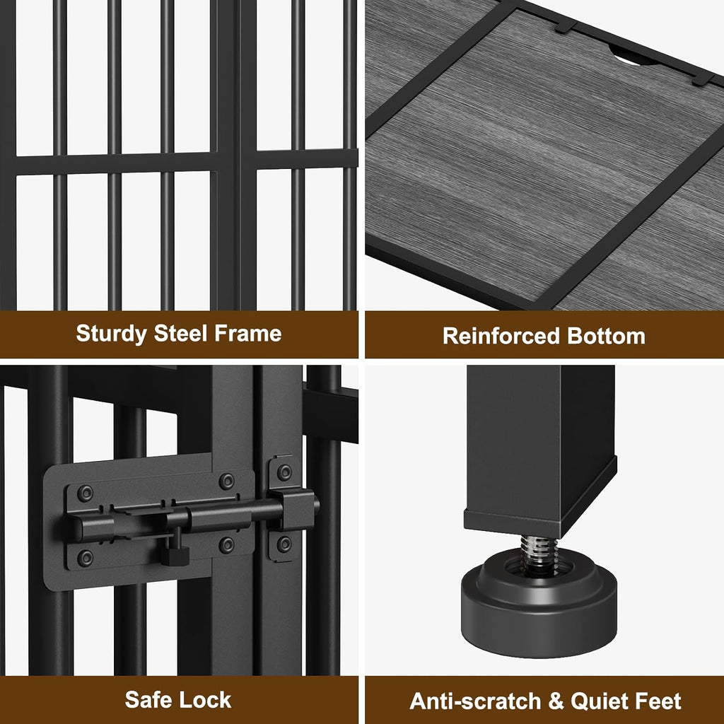 Easycom 43' Dog Crate Furniture Foldable, No Assembly Decorative Dog Kennel Indoor, XL Dog Crates for Large Dogs (60-80 lbs), Wooden Dog Cage with Adjustable Bowls and Name Tag, Dark Grey