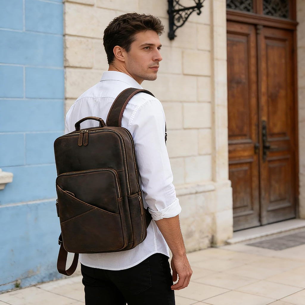 Vintage Full Grain Leather Backpack for Men, 16' Laptop Rucksack For Men Hiking Trave Work Business Bag, Dark Brown