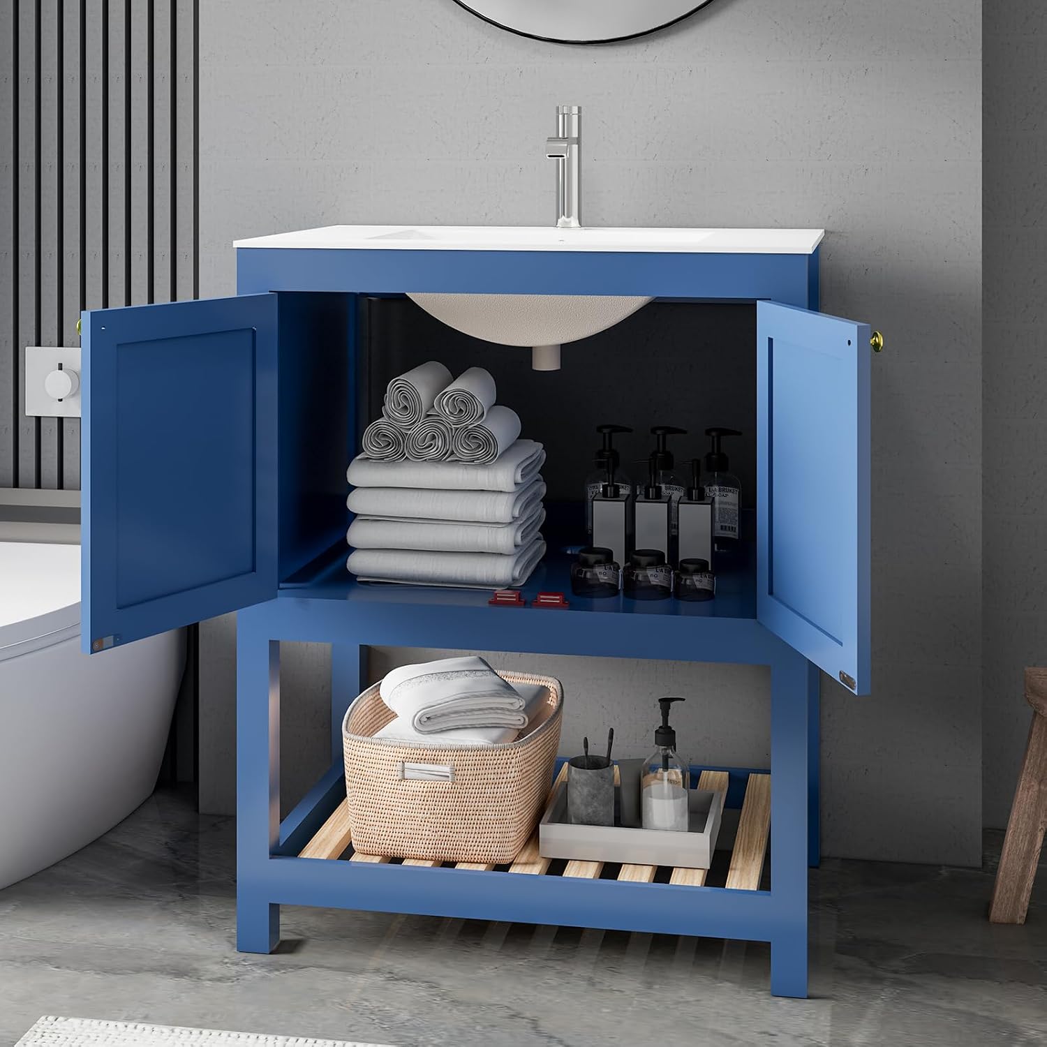 30 Inch Bathroom Vanity with Sink, Modern Bathroom Sink Cabinet with Open Shelf, Ceramic Basin, Freestanding Bathroom Vanities, Blue
