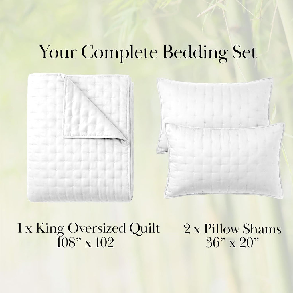 Southshore Fine Living, Inc. King Size White Quilt Bedding Set with 2 Pillow Shams, Rayon Derived from Bamboo Quilt/Bedspread, King Size Coverlet, 300 Thread Count Bedding, Bright White