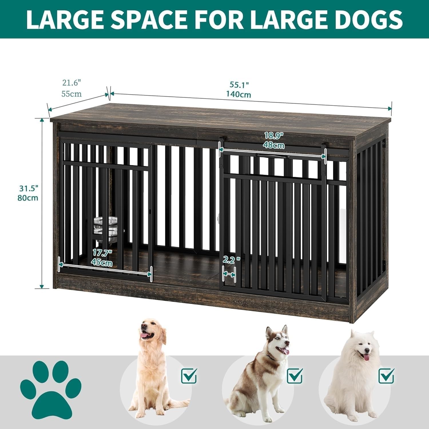 DWVO 55' Extra Large Dog Crate Furniture, Heavy Duty Metal Dog Kennel TV Stand with Sliding Door, Wooden Dog Cage Table with Dog Bowl for Extra Large Medium Dogs or 2 Small Dogs Black Oak