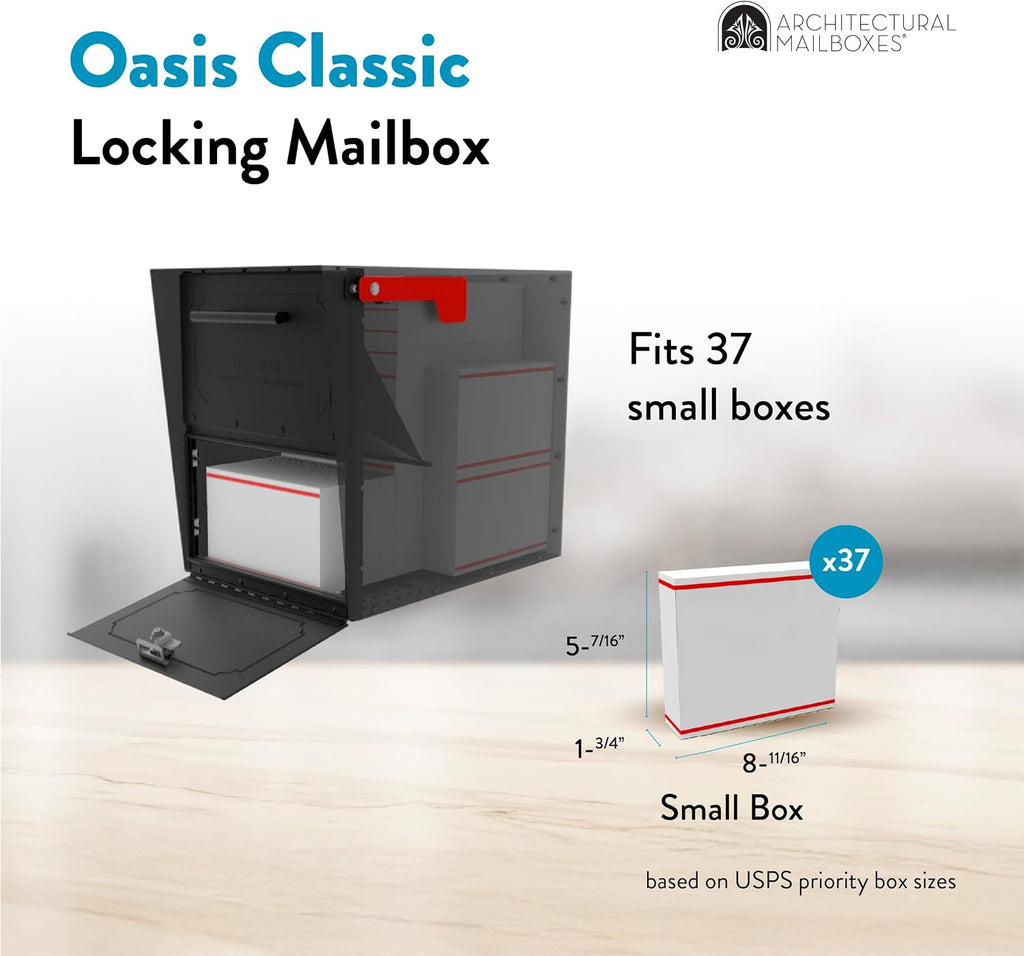 Architectural Mailboxes 6200B-10 Oasis Classic Locking Post Mount Parcel Mailbox with High Security Reinforced Lock,Black,18.00 x 15.00 x 11.50 inches