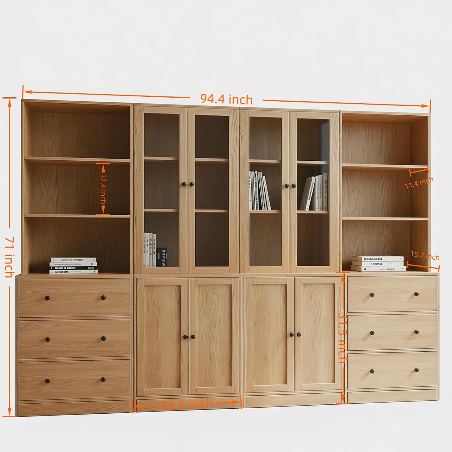 TUSY 71' H Bookshelf with Storage, 6-Tier Modern Bookshelves with 3 Large Drawer, Display Bookcase with Glass Doors, Modern 5-Tier Curio Cabinet for Home Office, Dining Room (Wood, ABBA)