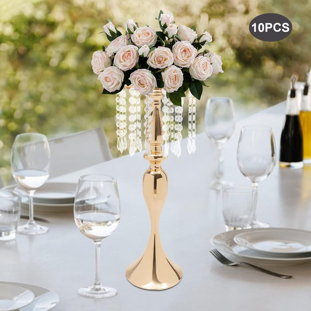 10PCS Crystal Flower Stand Wedding Centerpieces 21.3Inch Tall Gold Vases Metal Flower Candle Holder with Sparkling Crystal for Table Wedding Party Dinner Event Decor (Gold-6)