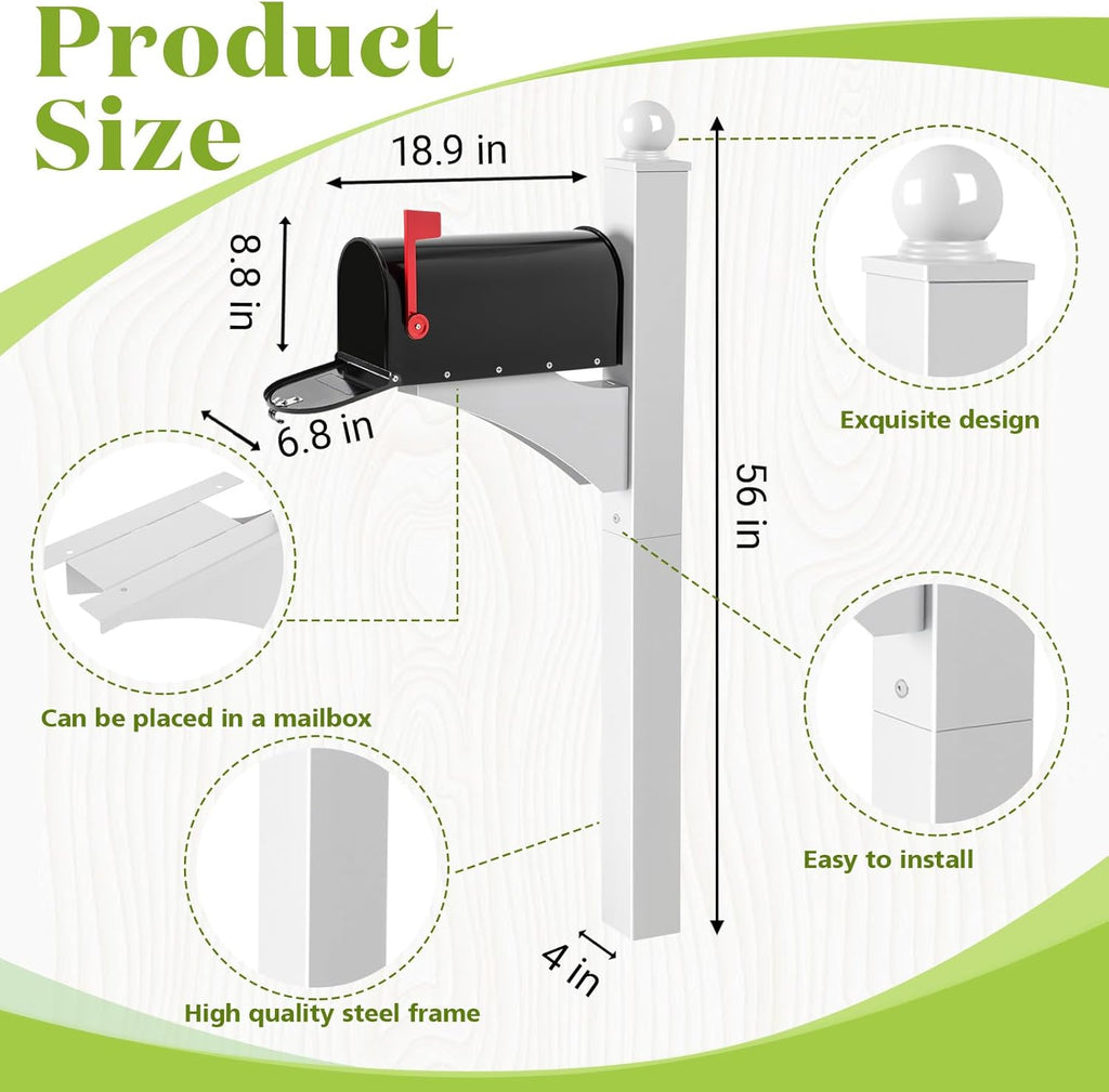 Colingmill White,Black 1 Set Iron Mailbox Posts with Mailbox for Outside Ground Mounting Post 56 Inch Tall Heavy Duty Architectural Stand with 8 Screws for Outdoor Use