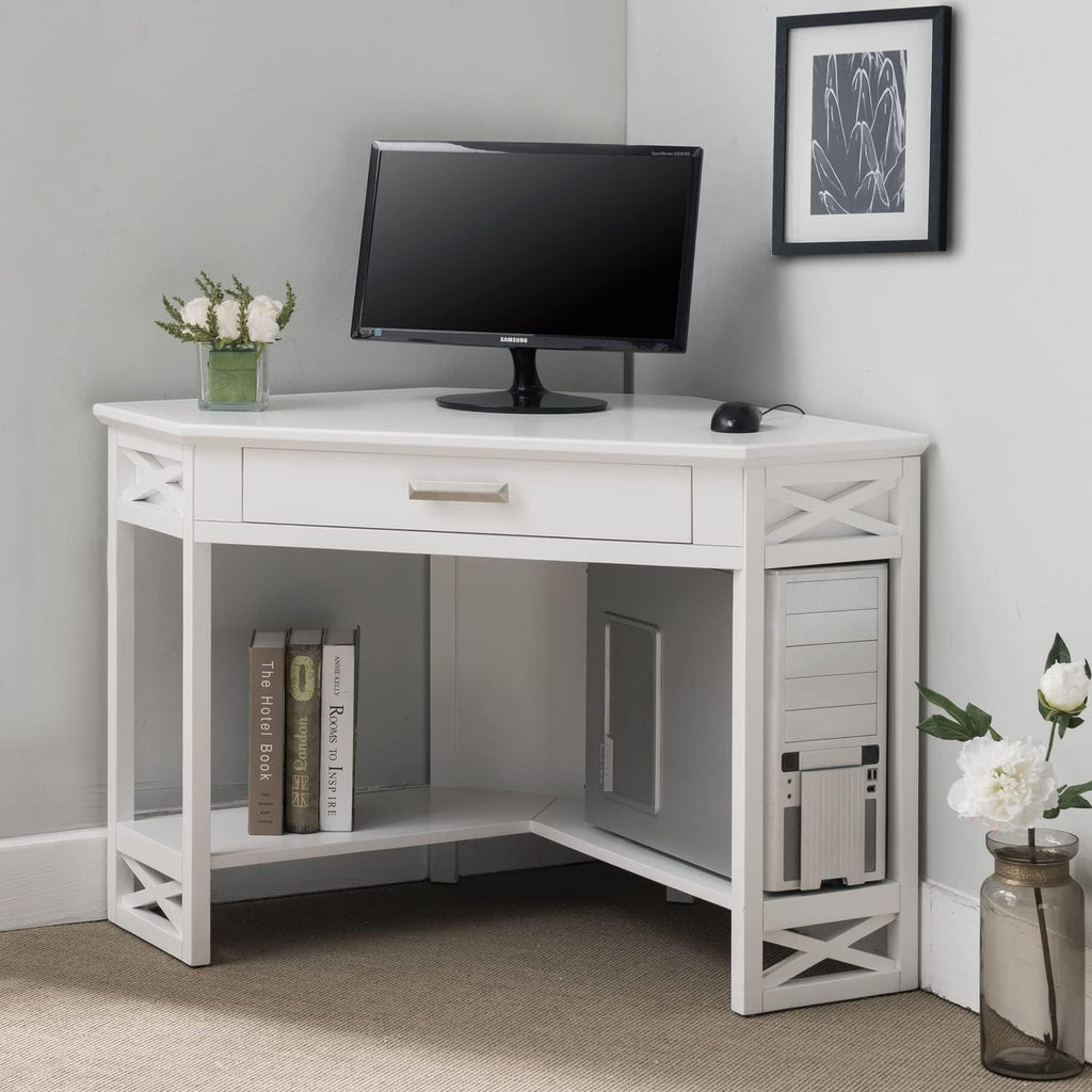 Leick Home Sage Corner Office Desk, Solid Wood, with Drop Front Keyboard Drawer, White, 85430