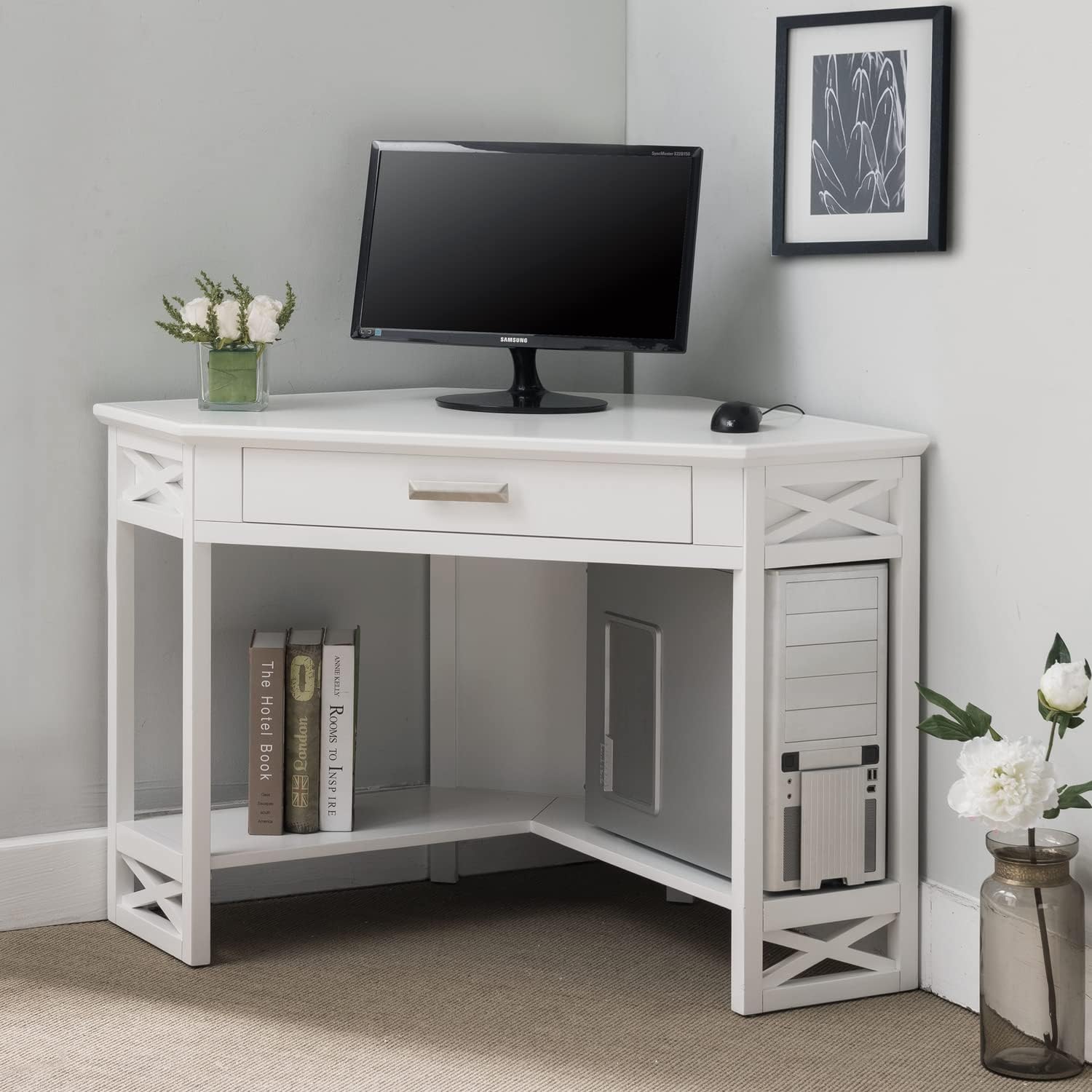Leick Home Sage Corner Office Desk, Solid Wood, with Drop Front Keyboard Drawer, White, 85430