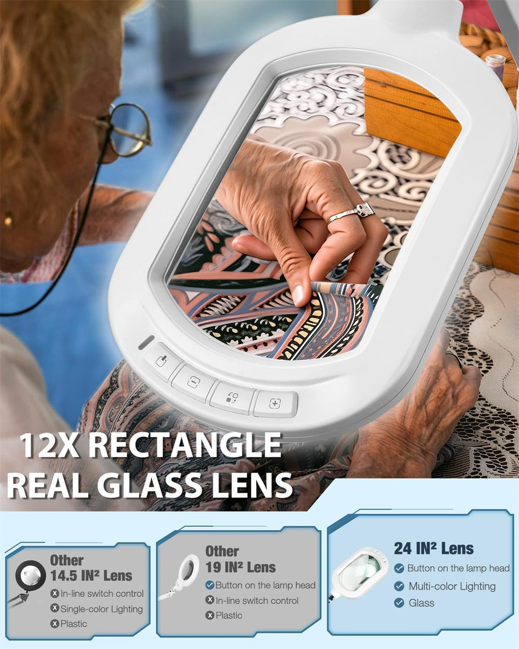 12X Magnifying Glass with Light and Stand, Large Rectangle Optical Glass Lens Floor lamp with 5 Wheels Rolling Base, 5 Color Modes LED Lighted Hands Free Magnifier for Reading Esthetician Facial Craft