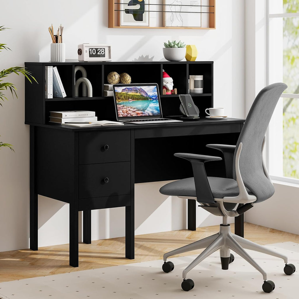 Tangkula Black Desk with Drawers & Hutch, Modern Home Office Desk with Power Outlets, USB Ports & Type-C, Writing Study Desk with 5-Cubby Hutch, Computer Workstation Makeup Vanity Desk