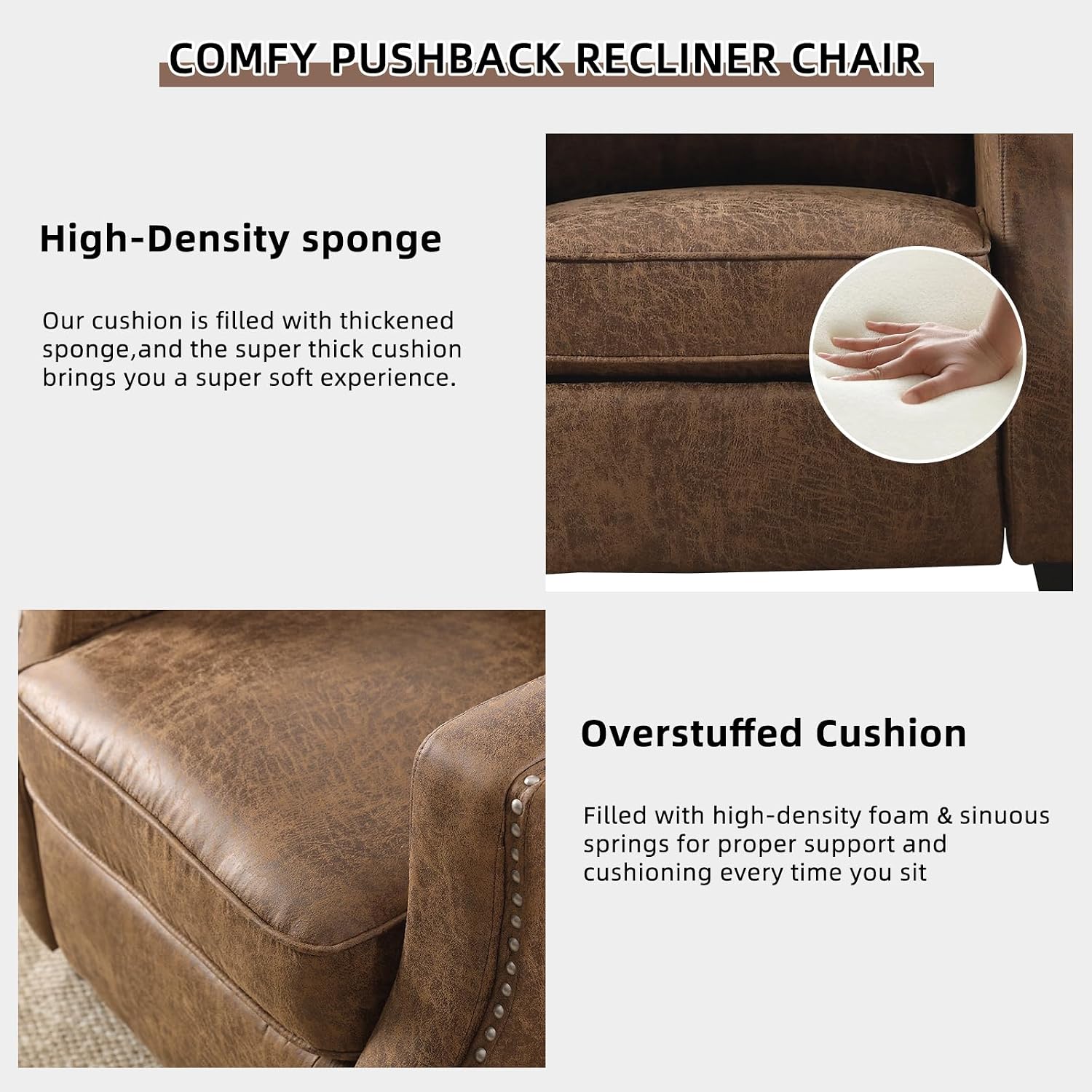 Push Back Recliner Chair Faux Leather Pushback Armchair with Rivet Decoration Wingback Single Sofa Chair with Padded Seat Solid Wood Legs for Living Room, Comfy Upholstered Set of 2, Brown